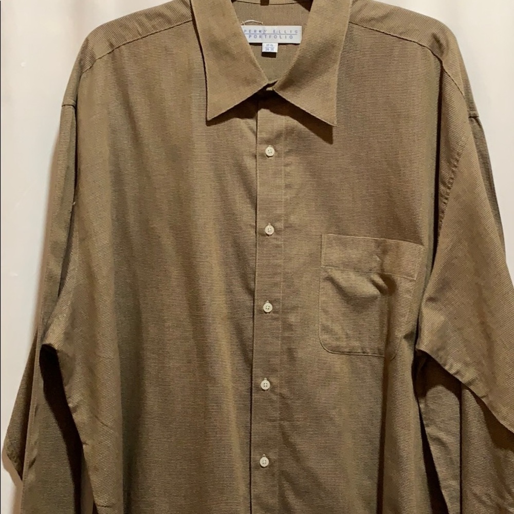 PERRY ELLIS DRESS SHIRT SZ 17•5 34/35 LATTE COTTON